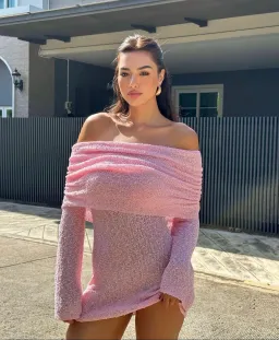 Meshki Marisol Off Shoulder Boucle Mini Dress in Baby Pink Size S / AU 8 for rent on The Volte - image 6