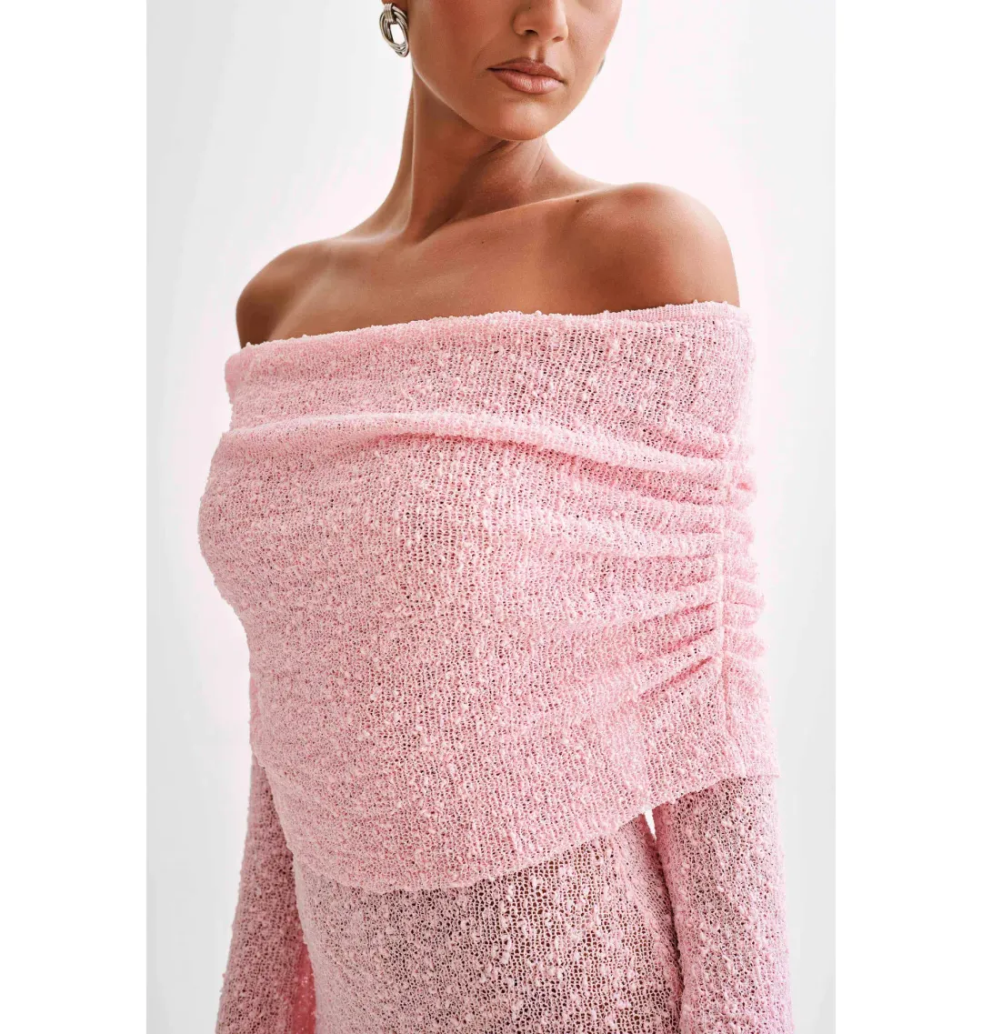 Meshki Marisol Off Shoulder Boucle Mini Dress in Baby Pink Size S / AU 8 for rent on The Volte - main image