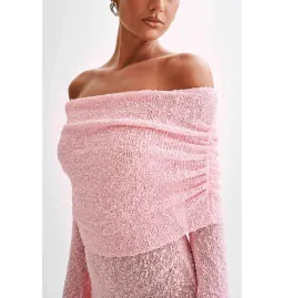Meshki Marisol Off Shoulder Boucle Mini Dress in Baby Pink Size S / AU 8 for rent on The Volte - image 2
