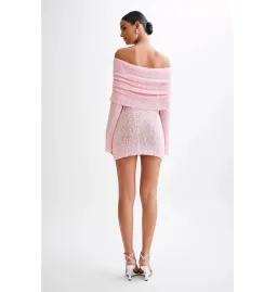 Meshki Marisol Off Shoulder Boucle Mini Dress in Baby Pink Size S / AU 8 for rent on The Volte - image 4