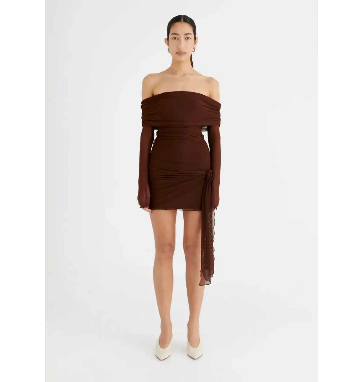 BENNI Yasmin Off Shoulder Mini Dress in Cacao Size S / AU 8 for rent on The Volte - main image