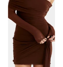 BENNI Yasmin Off Shoulder Mini Dress in Cacao Size S / AU 8 for rent on The Volte - image 3