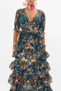 Camilla She Who Wears the Crown Puff Sleeve Tiered Long Dress Floral Size S (AU 10) for rent on The Volte - image 4