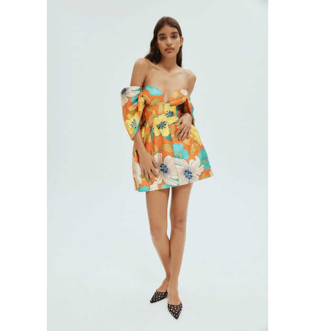 Alemais Piato Sculpt Mini Dress Marigold Multi Floral Size AU 12 for rent on The Volte - main image