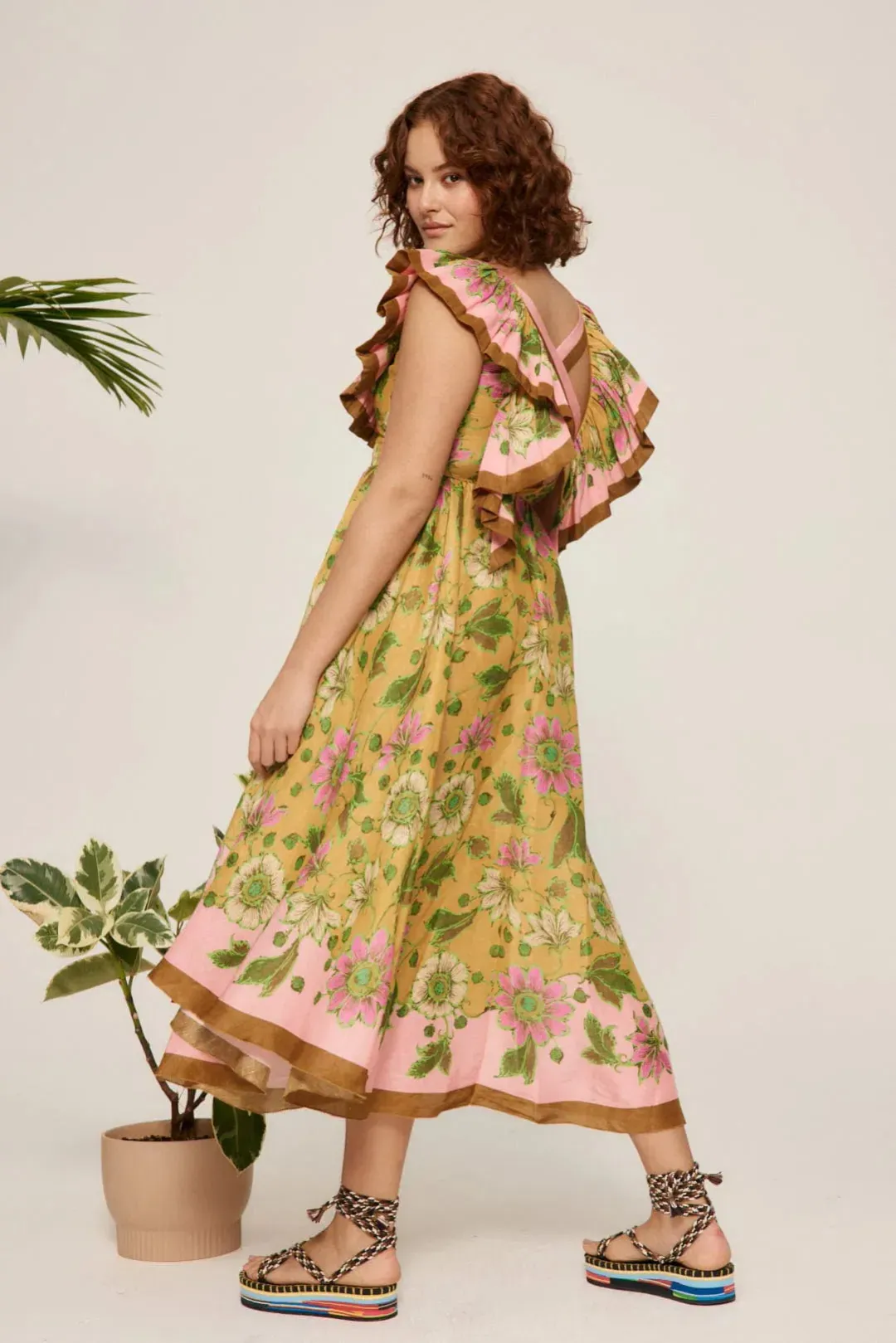 Alemais Winnie Ruffle Neck Midi Dress Floral Size 12 for rent on The Volte - main image