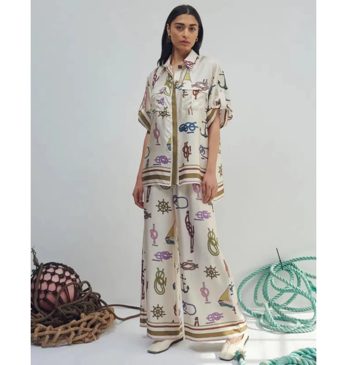 Alemais Ships Ahoy Silk Shirt Size AU 12 and Pants Size AU 14 Set Print  for rent on The Volte - main image