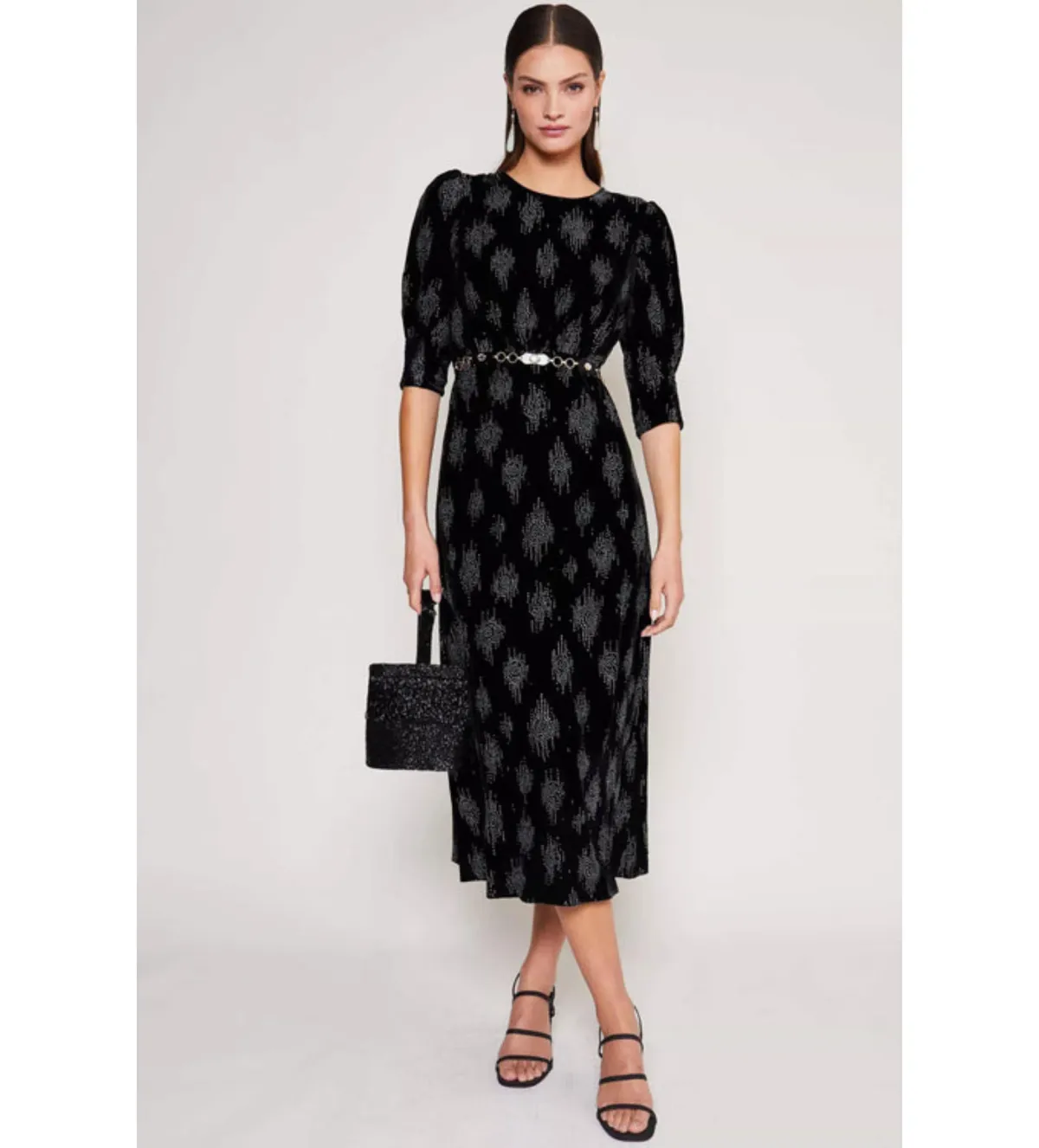 RIXO Lucile Velvet Droplet Glitter Midi Dress Black Size 6 for rent on The Volte - main image