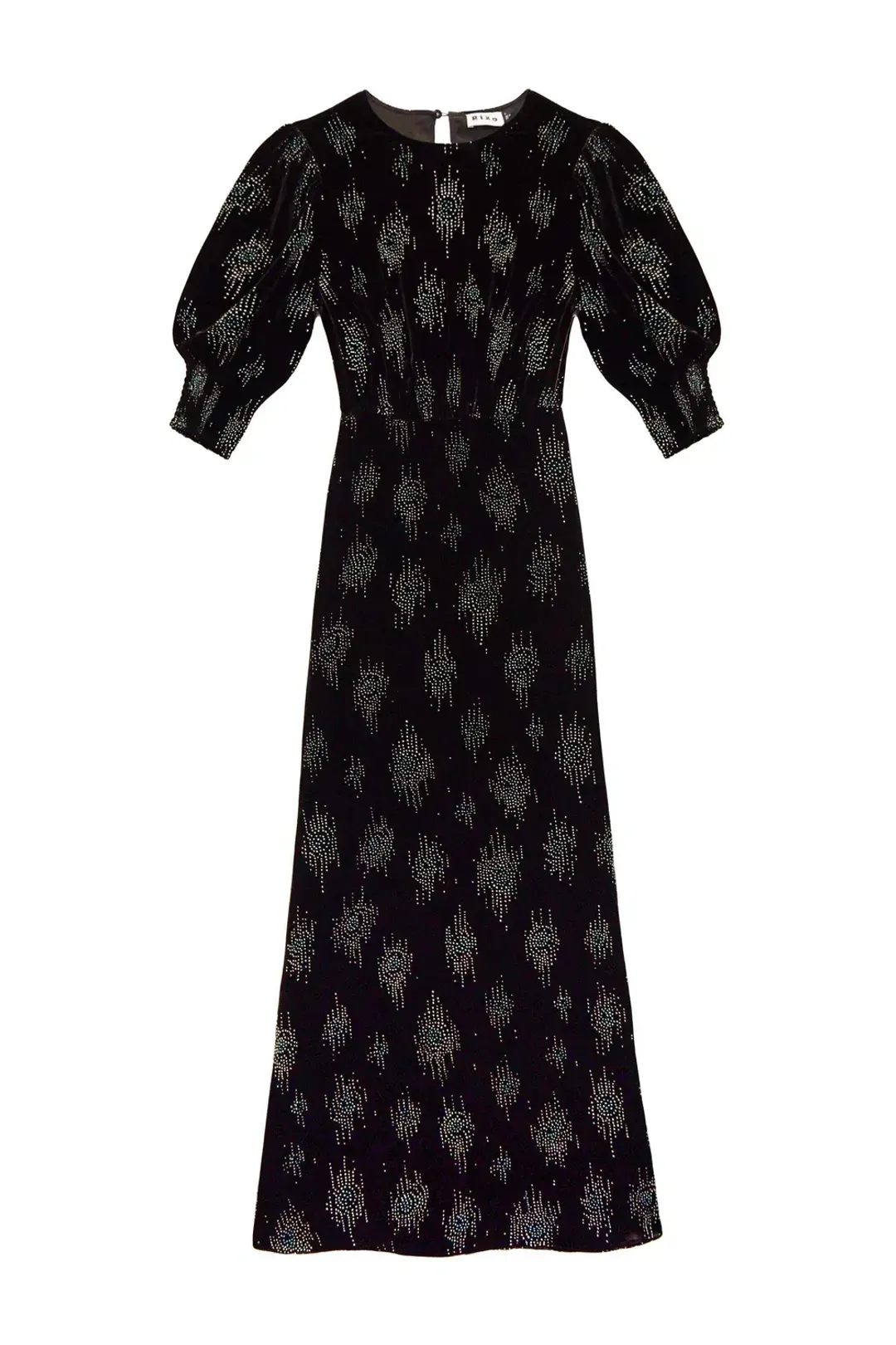 RIXO Lucile Velvet Droplet Glitter Midi Dress Black Size 6 for rent on The Volte - main image