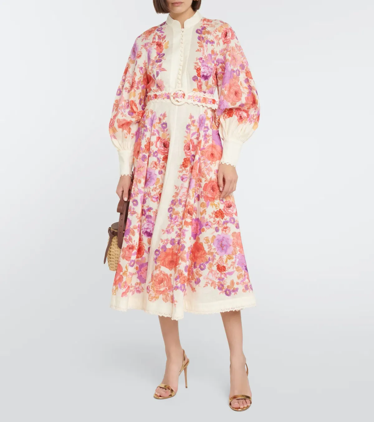 Zimmermann Raie Billow Sleeve Midi Dress Red/Purple Floral Size 10 for rent on The Volte - main image