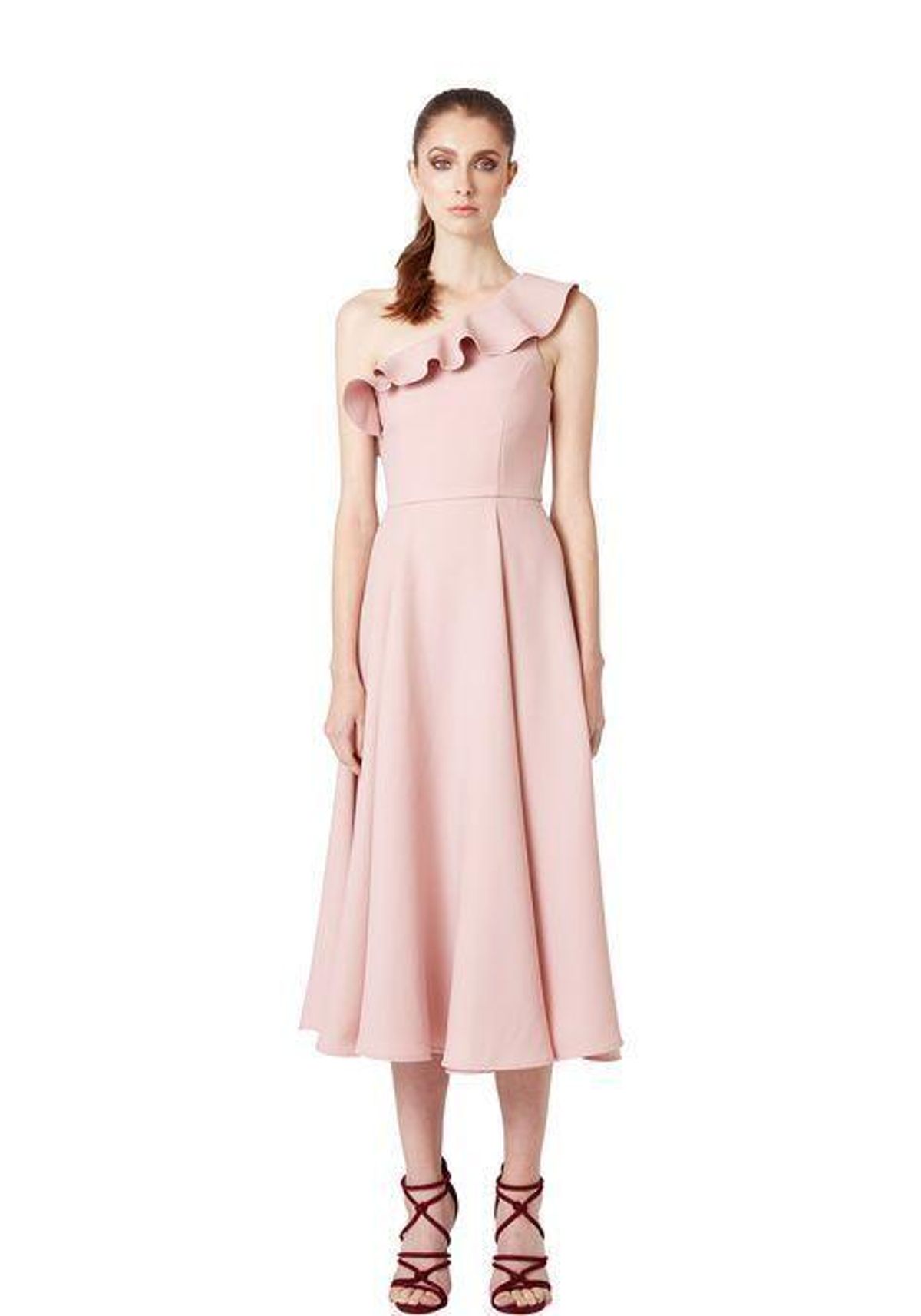 By Johnny One Shoulder Ruffle Midi Dress Pink Size 14 for rent on The Volte - main image