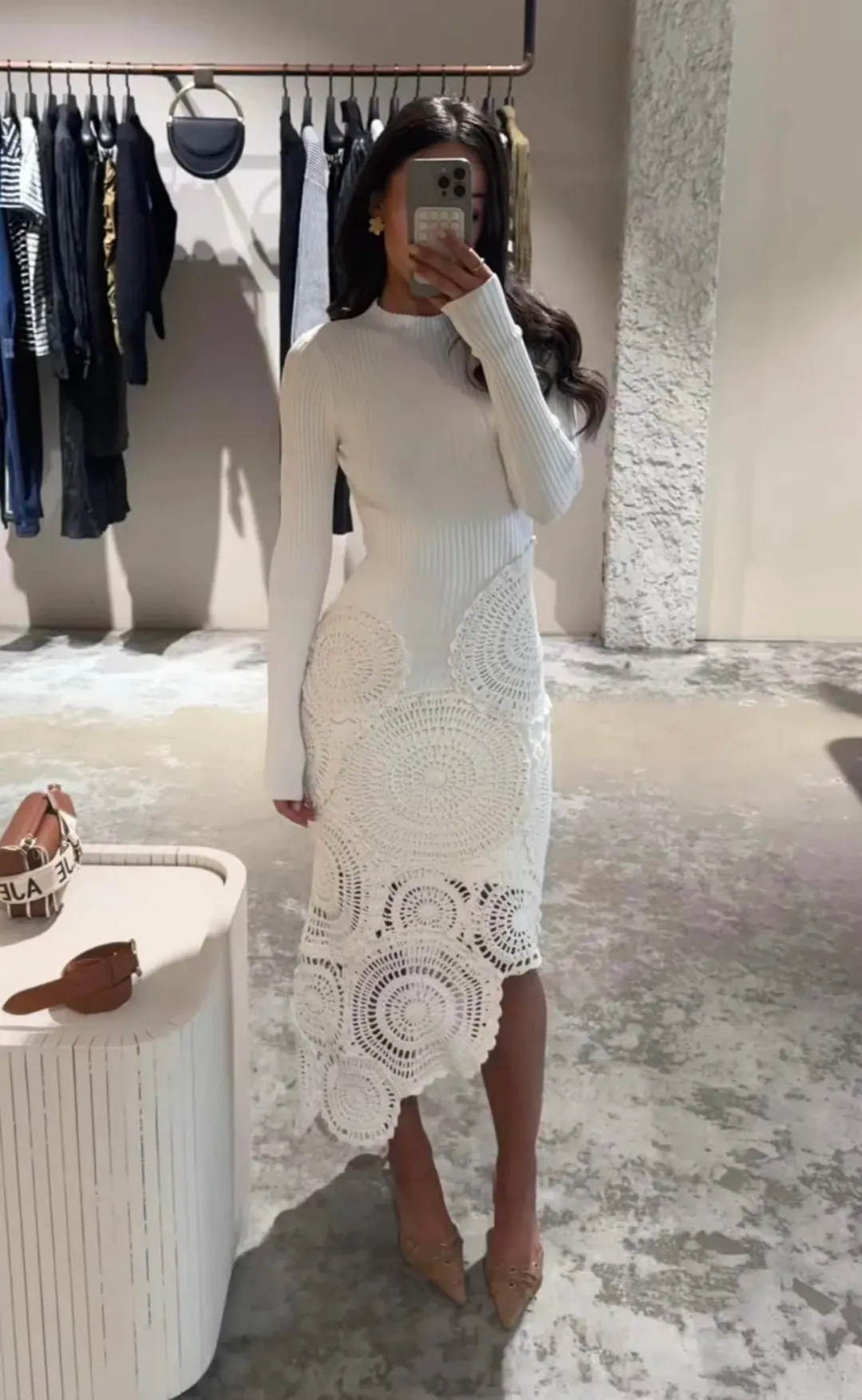 Aje Mosaic Crochet Midi Dress Ivory Size Small / AU 8 for rent on The Volte - main image