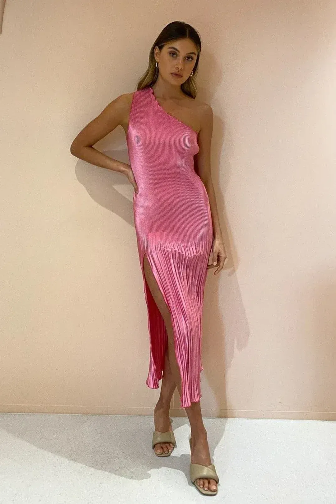 L'idee Soiree One Shoulder Midi Dress in Hot Pink Size 10 for rent on The Volte - main image