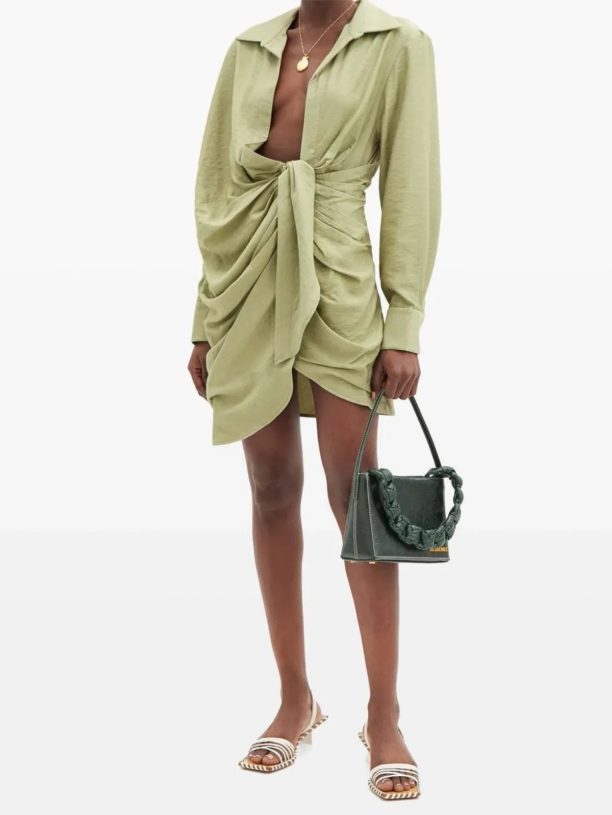 Jacquemus La Robe Bahia Draped Shirt Mini Dress in Sage Green Size 6 for rent on The Volte - main image