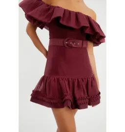 Rebecca Vallance Bordeaux Off Shoulder Mini Dress Burgundy Size AU 12 for rent on The Volte - image 2