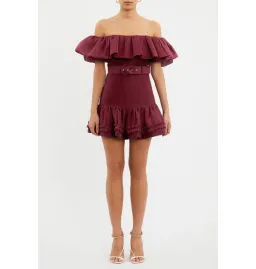 Rebecca Vallance Bordeaux Off Shoulder Mini Dress Burgundy Size AU 12 for rent on The Volte - image 1