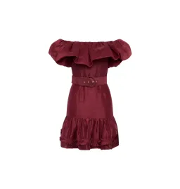 Rebecca Vallance Bordeaux Off Shoulder Mini Dress Burgundy Size AU 12 for rent on The Volte - image 4