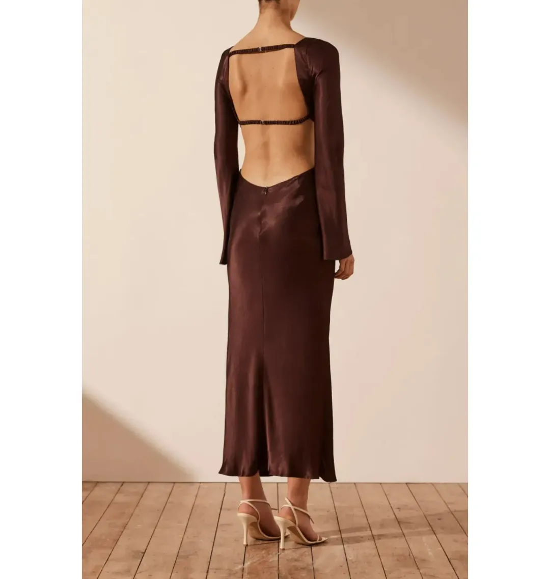 Shona Joy Lana Long Sleeve Open Back Midi Dress Cocoa Size AU 8 for rent on The Volte - main image