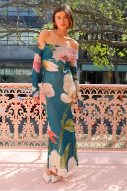 By Nicola Paloma Off Shoulder Mesh Dress Pine Green Floral Print Size 10 for rent on The Volte - image 2