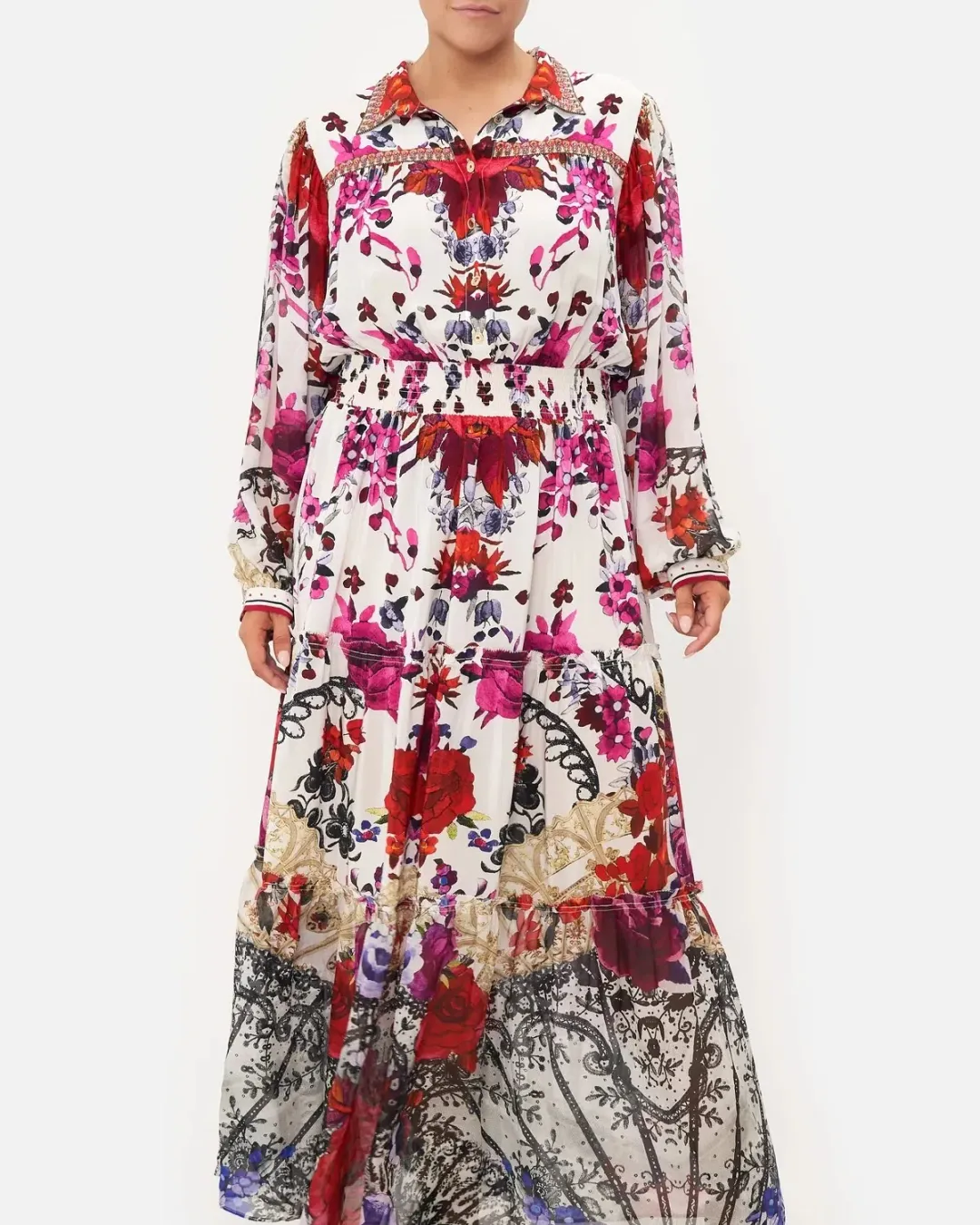 Camilla Button Through Tiered Maxi Dress Reign of Roses Print Size XL / AU 16  for rent on The Volte - main image