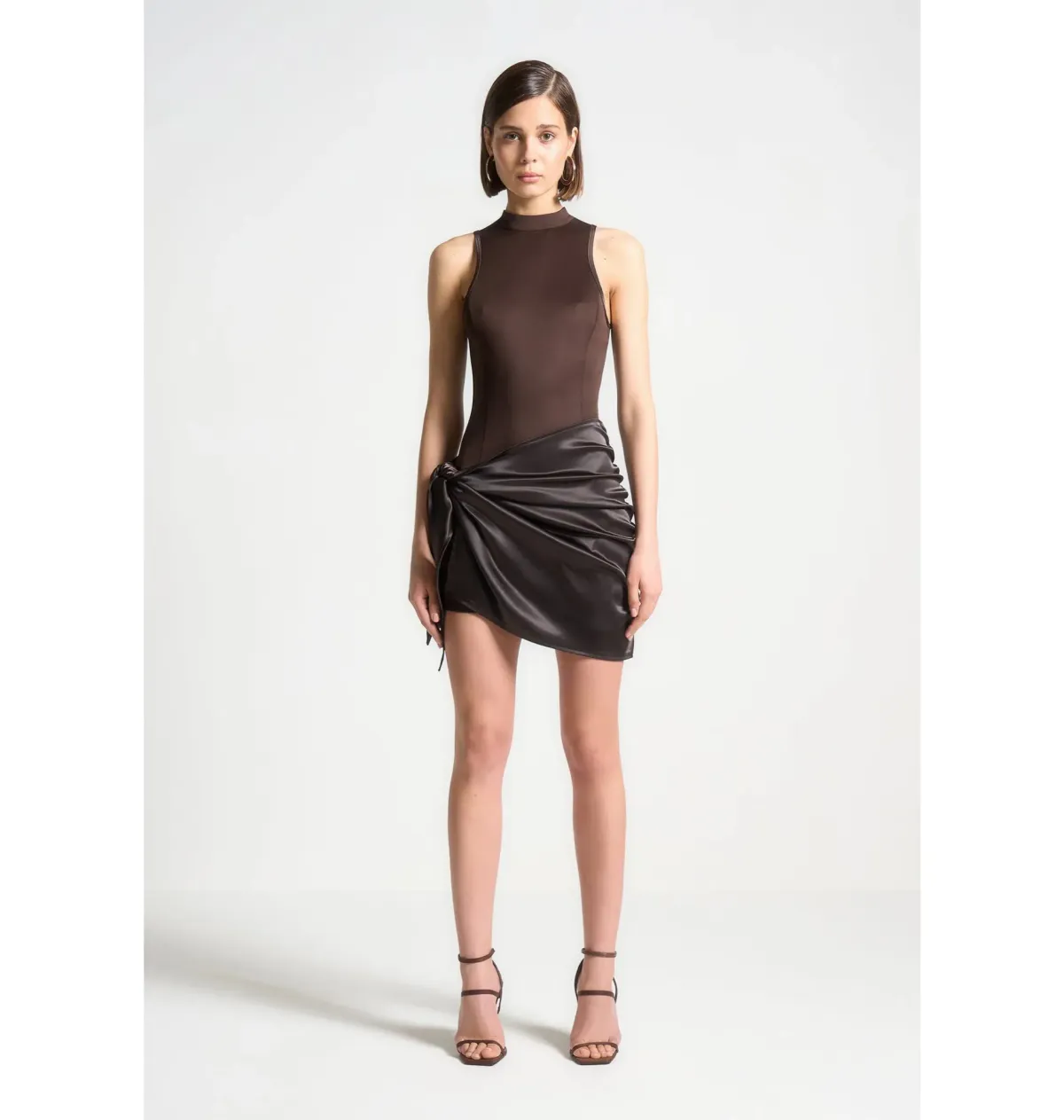 Maniere De Voir Neoprene & Satin Wrap Bodycon Dress Brown Size AU 8 for rent on The Volte - main image