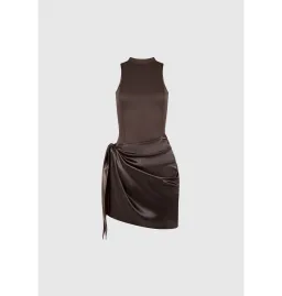 Maniere De Voir Neoprene & Satin Wrap Bodycon Dress Brown Size AU 8 for rent on The Volte - image 5