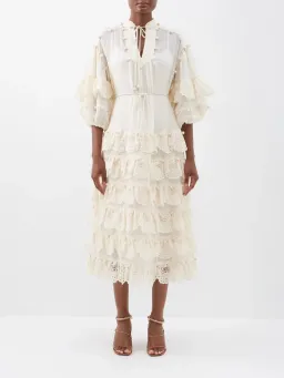 Zimmermann The Lyre Trim Tiered Midi Dress Cream Size 0 / AU 8 for rent on The Volte - image 1