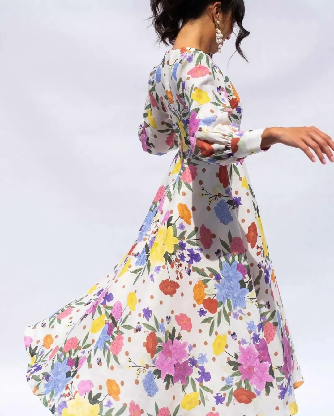 Isabella Longginou Polka Dot Floral Cuff Sleeve Midi Dress Multi Size 12 for rent on The Volte - main image