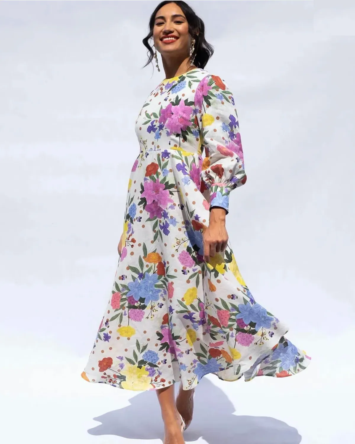 Isabella Longginou Polka Dot Floral Cuff Sleeve Midi Dress Multi Size 12 for rent on The Volte - main image