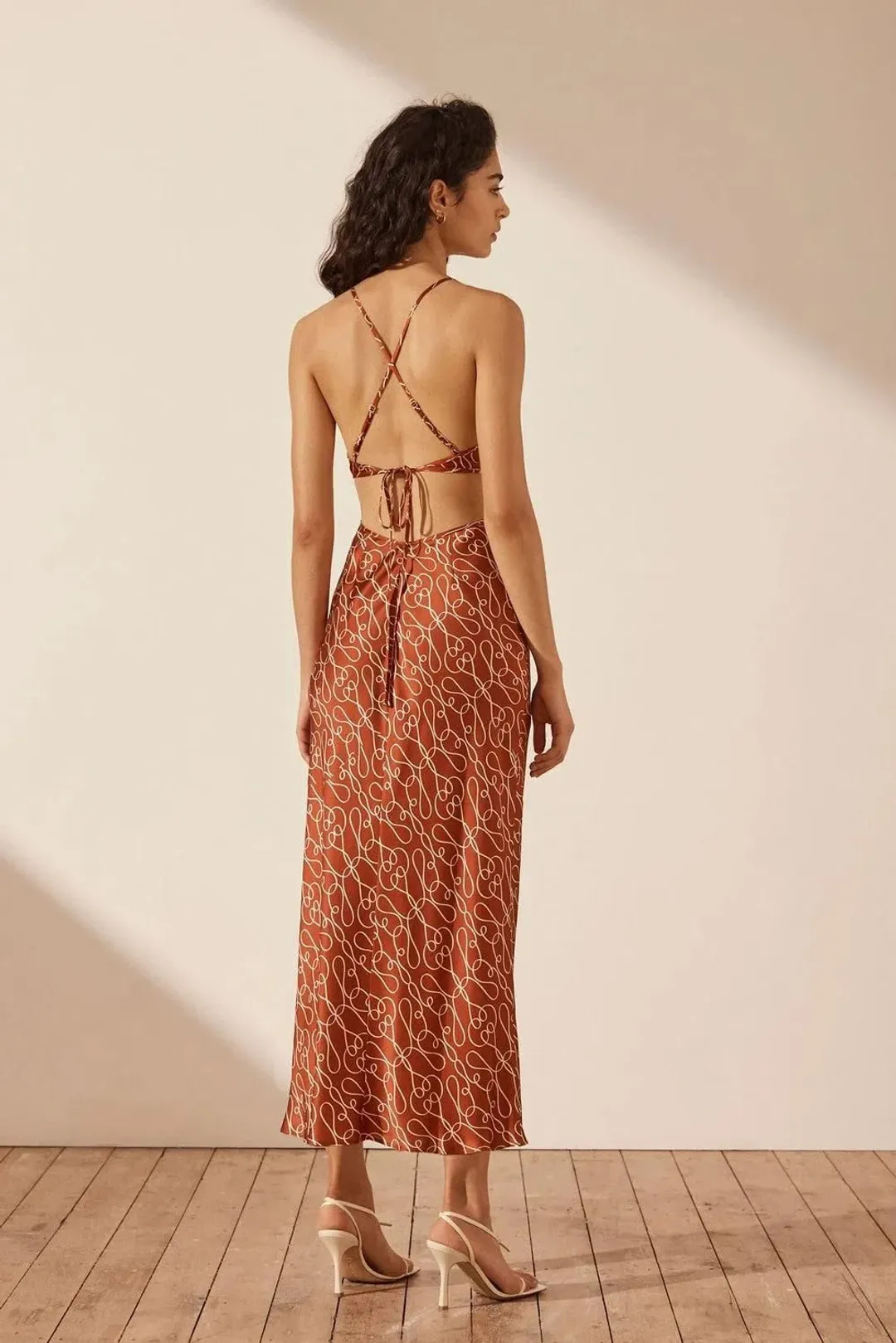 Shona Joy Artisti Silk Cut Out Tie Back Midi Dress Print Size 6  for rent on The Volte - main image