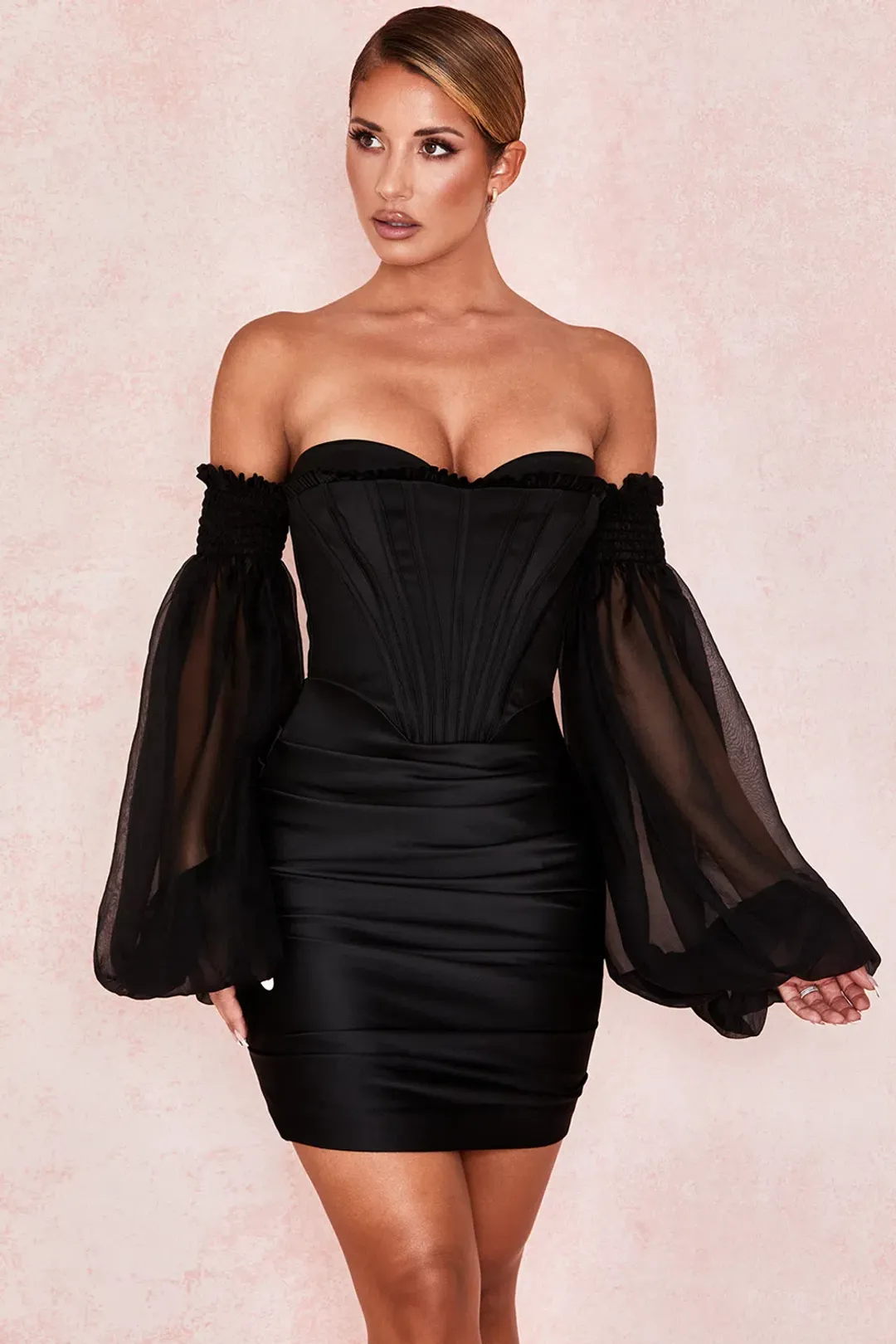 House of CB Beau Satin and Chiffon Corset Mini Dress Black Size S / AU 8 for rent on The Volte - main image