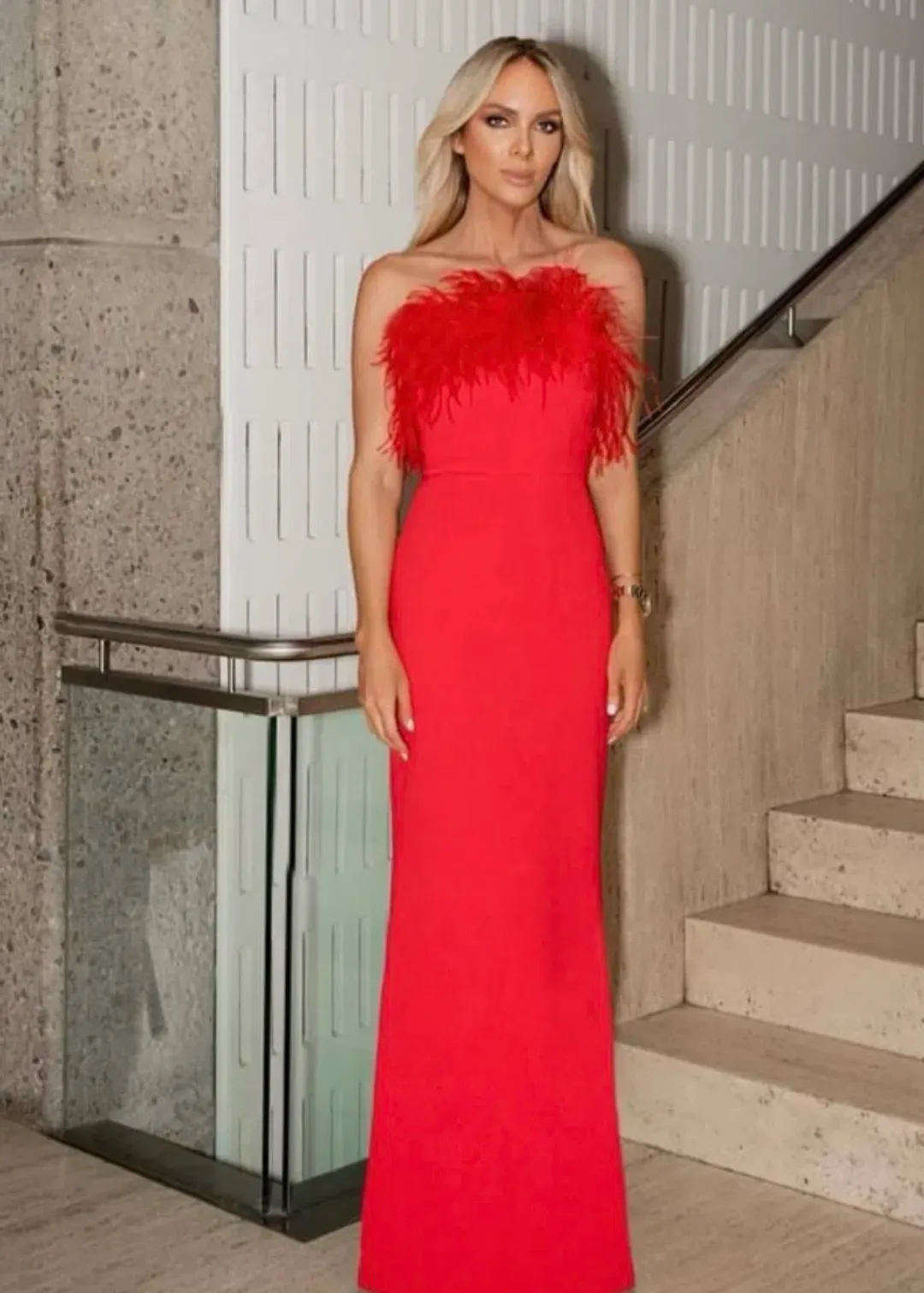 Rebecca Vallance Scarlett Strapless Feather Gown Red Size 6  for rent on The Volte - main image