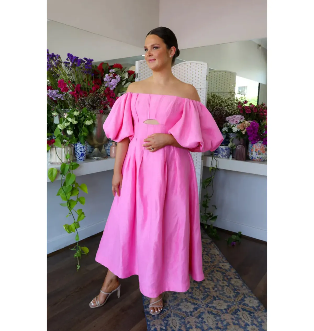 Aje Eugenie Off Shoulder Midi Dress Pink Size AU 14 for rent on The Volte - main image