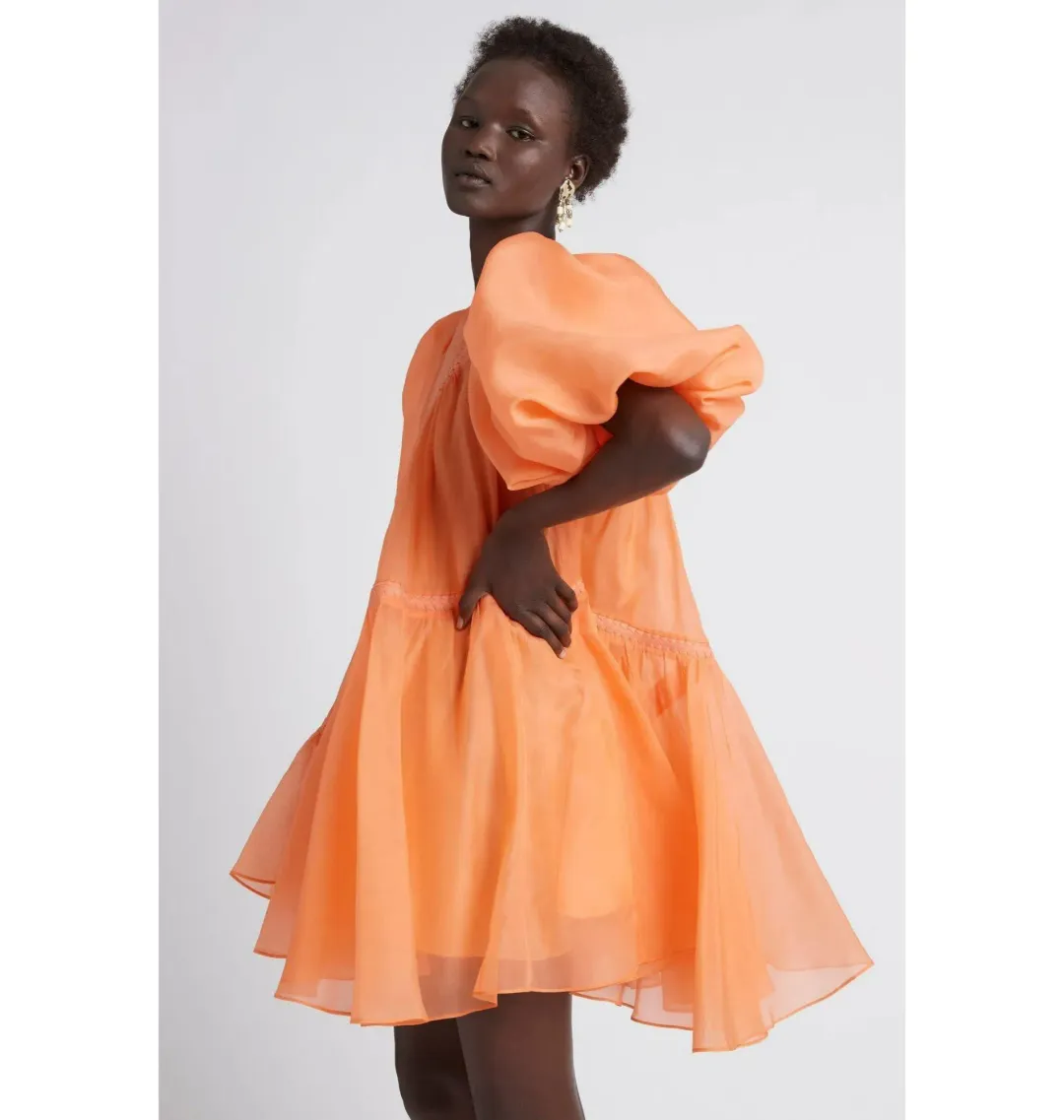 Aje Riviera Asymmetric Braided Puff Sleeve Mini Smock Dress Mandarin Orange Size AU 8 for rent on The Volte - main image