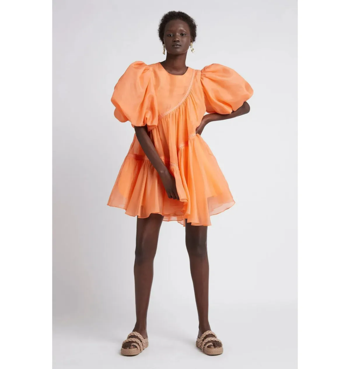 Aje Riviera Asymmetric Braided Puff Sleeve Mini Smock Dress Mandarin Orange Size AU 8 for rent on The Volte - main image