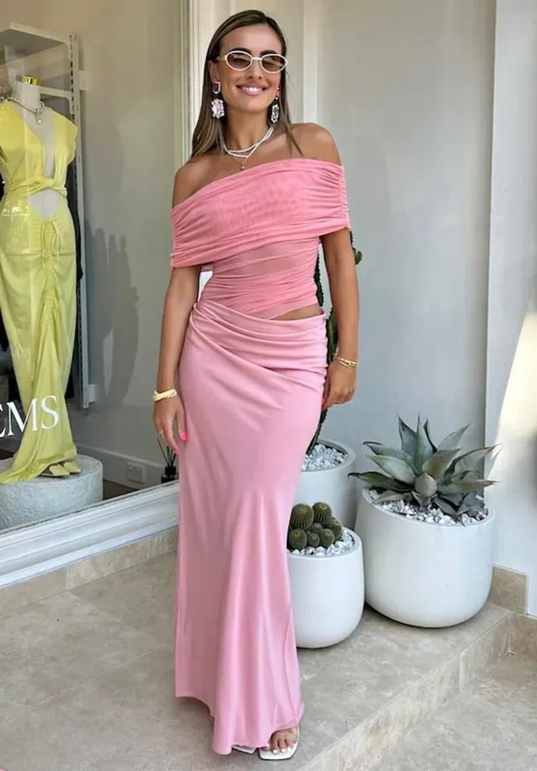 Benni Nico Off Shoulder Maxi Dress Candy Floss Pink Size AU 6 for rent on The Volte - main image