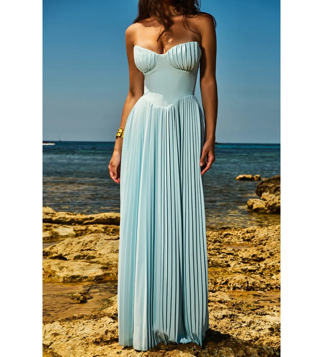 House of CB Marcella Pleated Maxi Dress Ocean Blue Size 8 for rent on The Volte - main image