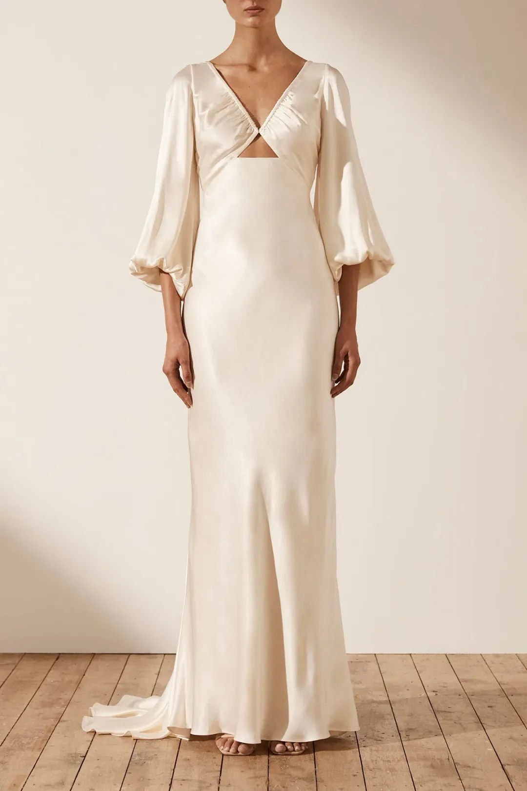 Shona Joy La Lune Ruched Bodice Balloon Sleeve Maxi Dress in Cream Size 8 for rent on The Volte - main image