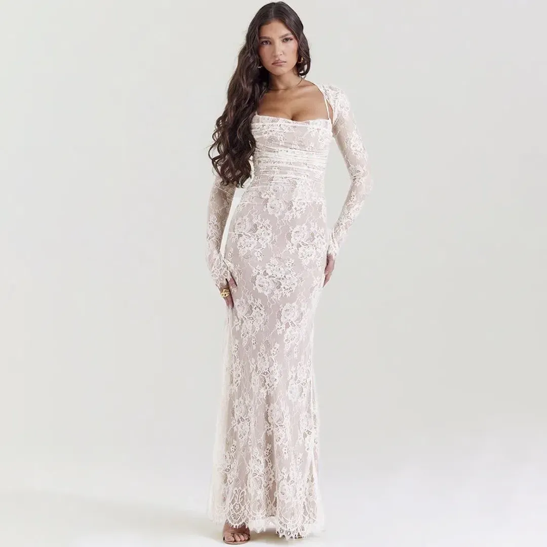 House of CB Artemis Lace Maxi Dress in Vintage Cream Size 10 for rent on The Volte - main image
