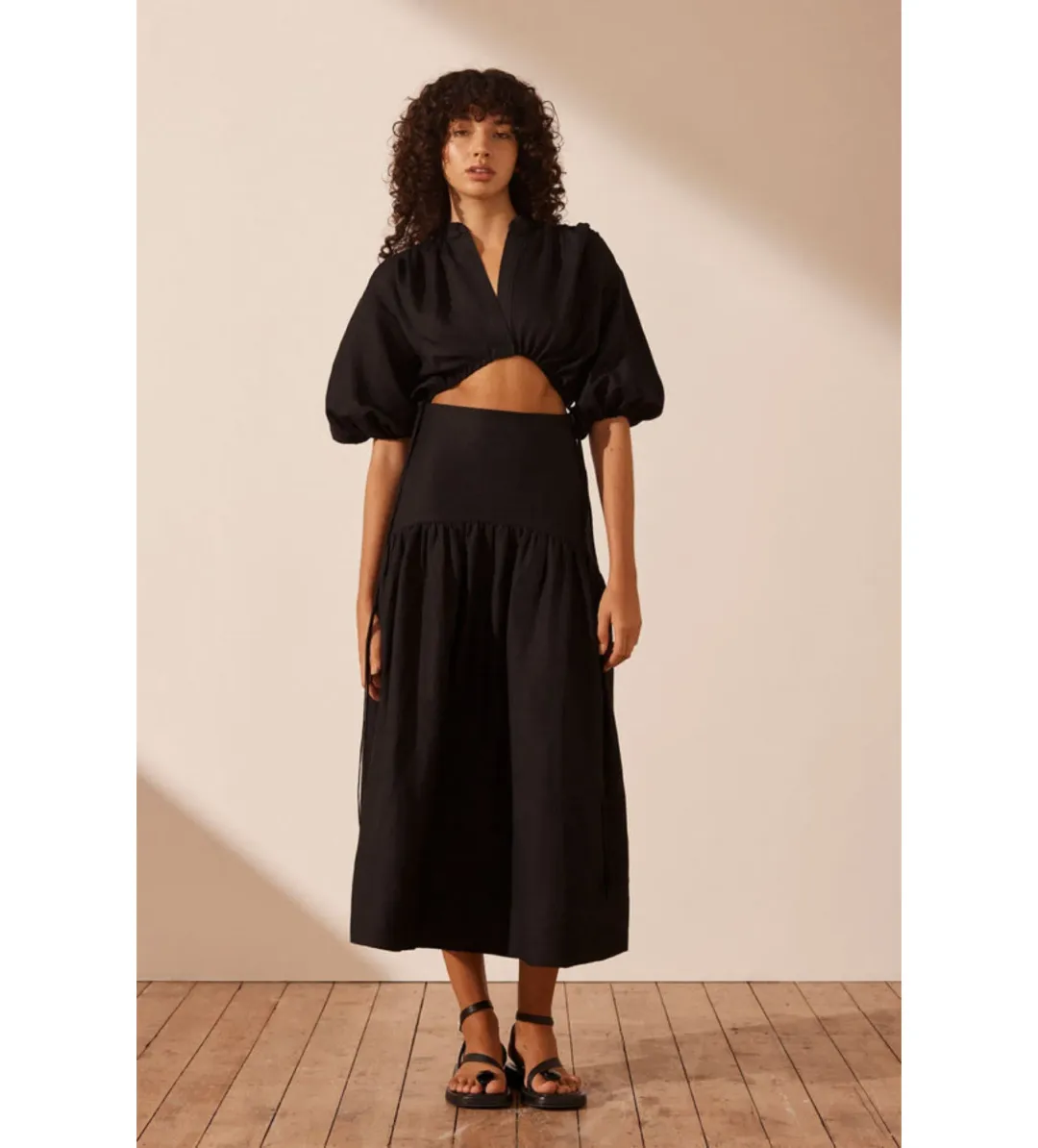 Shona Joy Mare Linen Deconstructed Midi Dress Black Size 8  for rent on The Volte - main image