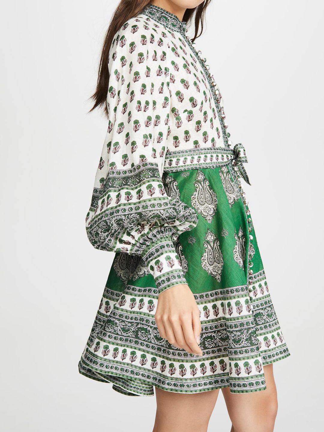 Zimmermann The Amari Emerald Buttoned Mini Dress in Green Paisley Size 6 for rent on The Volte - main image