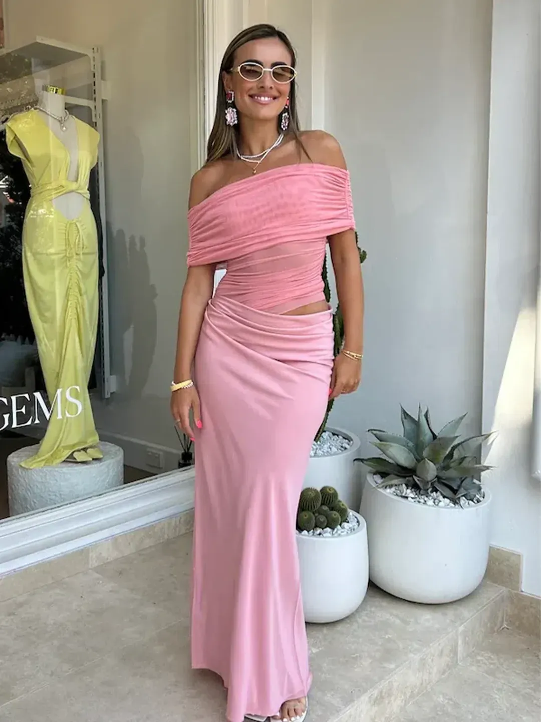 Benni Nico Off Shoulder Maxi Dress Candy Floss Size 8 for rent on The Volte - main image