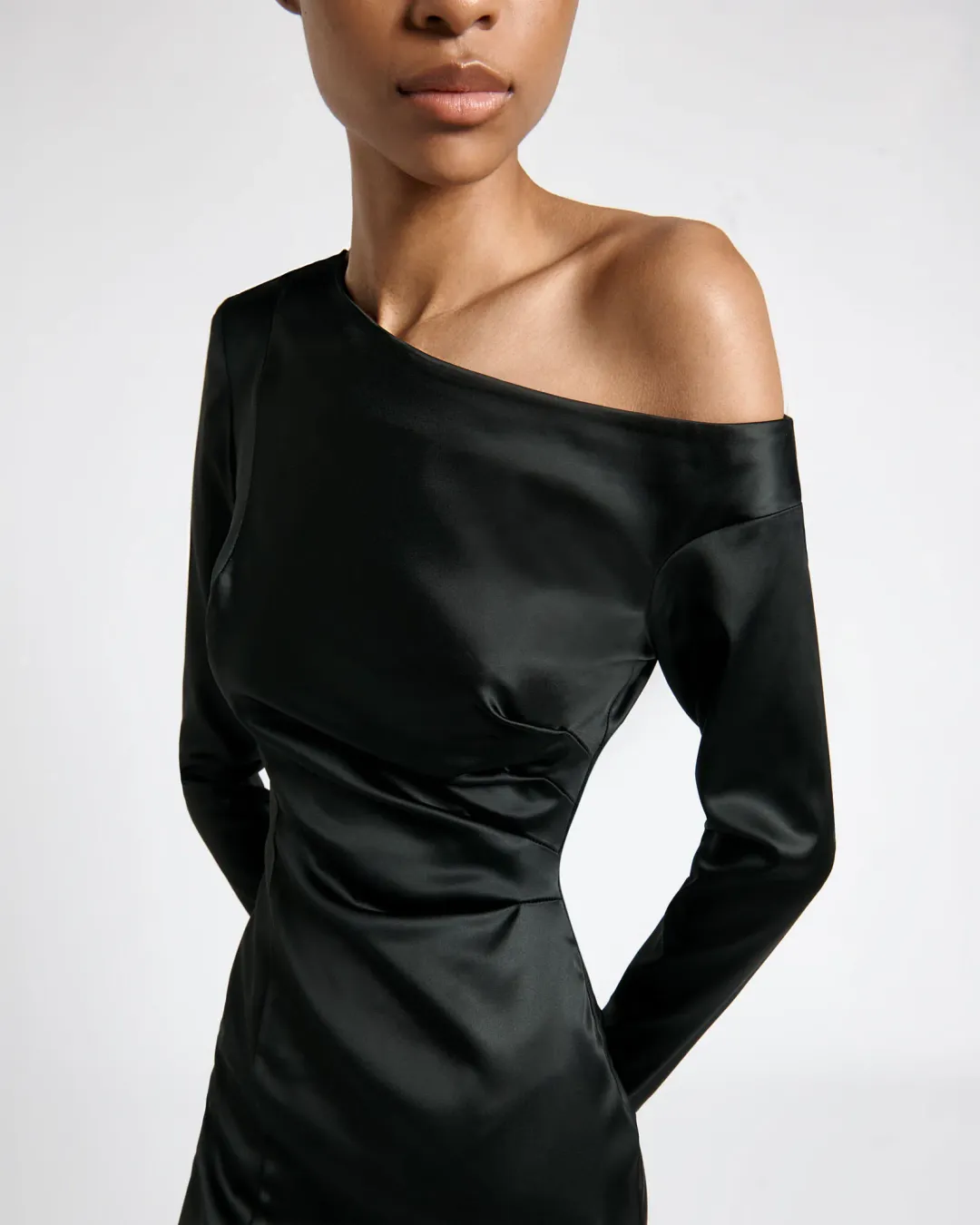 Cue Stretch Satin Off Shoulder Mini Dress Black Size AU 10 for rent on The Volte - main image