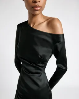 Cue Stretch Satin Off Shoulder Mini Dress Black Size AU 10 for rent on The Volte - image 2