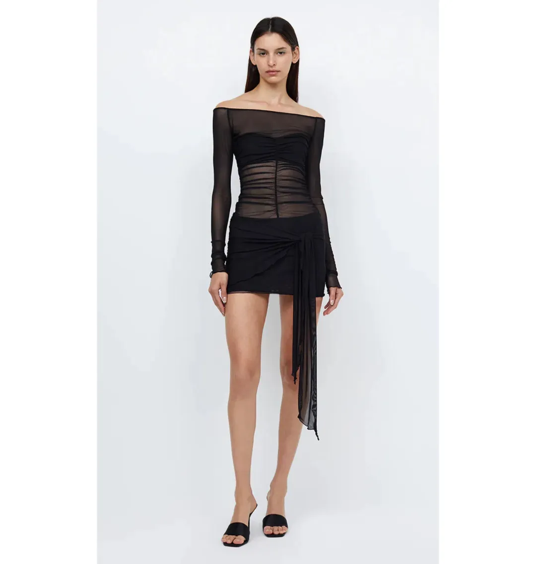 Bec & Bridge Marina Semi-Sheer Stretch Mini Dress Black Size AU 6 for rent on The Volte - main image