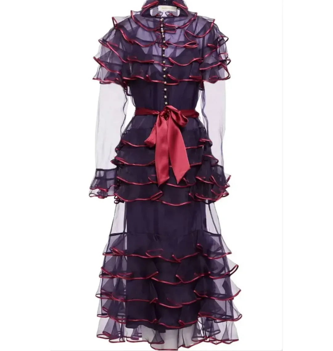 Zimmermann Lucky Tiered Dress Aubergine Size 1 / AU10 for rent on The Volte - main image