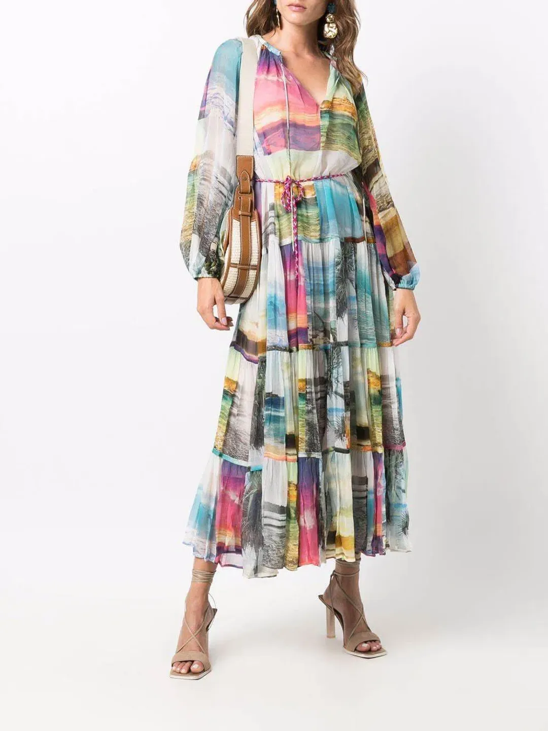 Zimmermann Shelly Tiered Tie Midi Dress Patched Posters Size 0 / AU 8 for rent on The Volte - main image