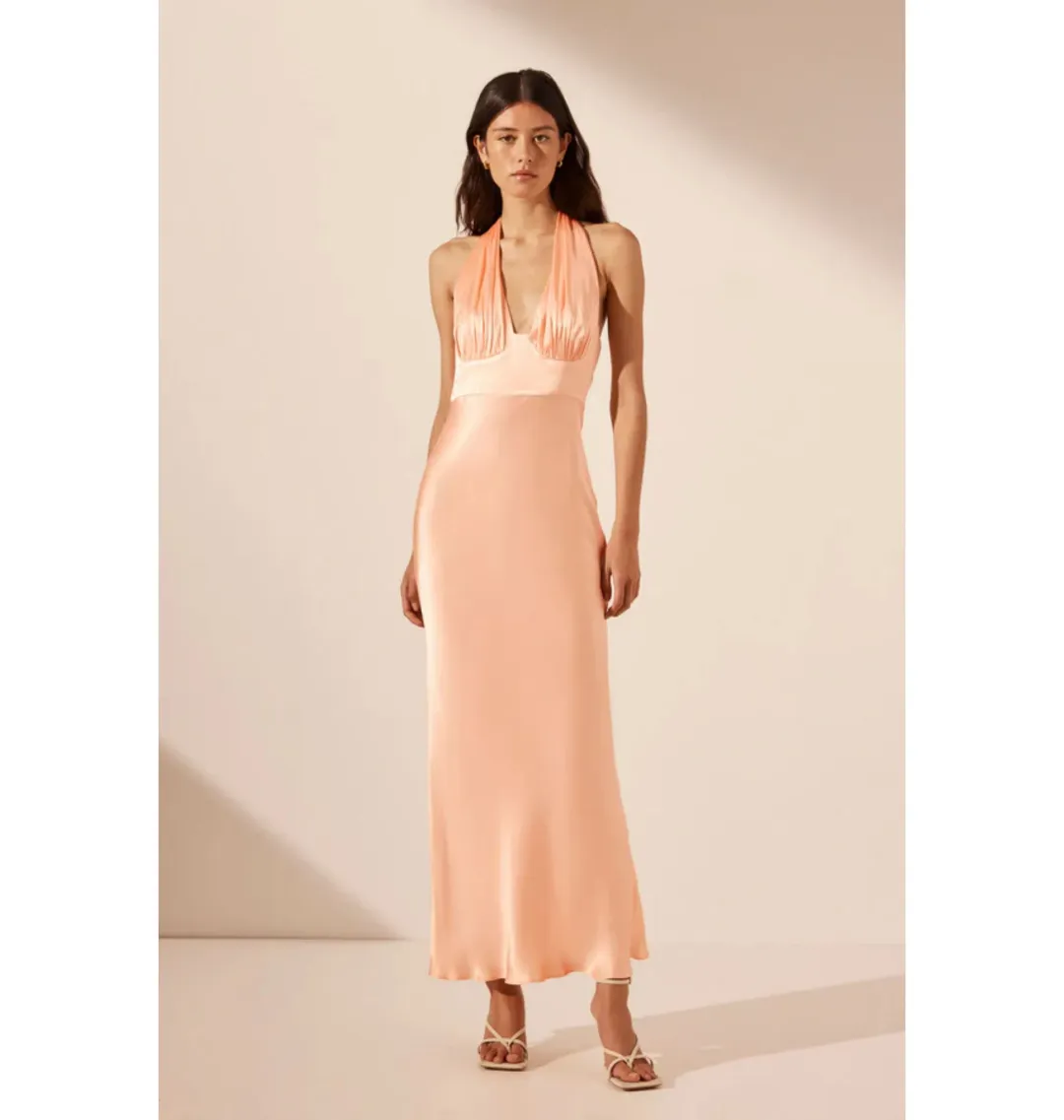 Shona Joy Plunged Halter Midi Dress Peach Size AU 10 for rent on The Volte - main image