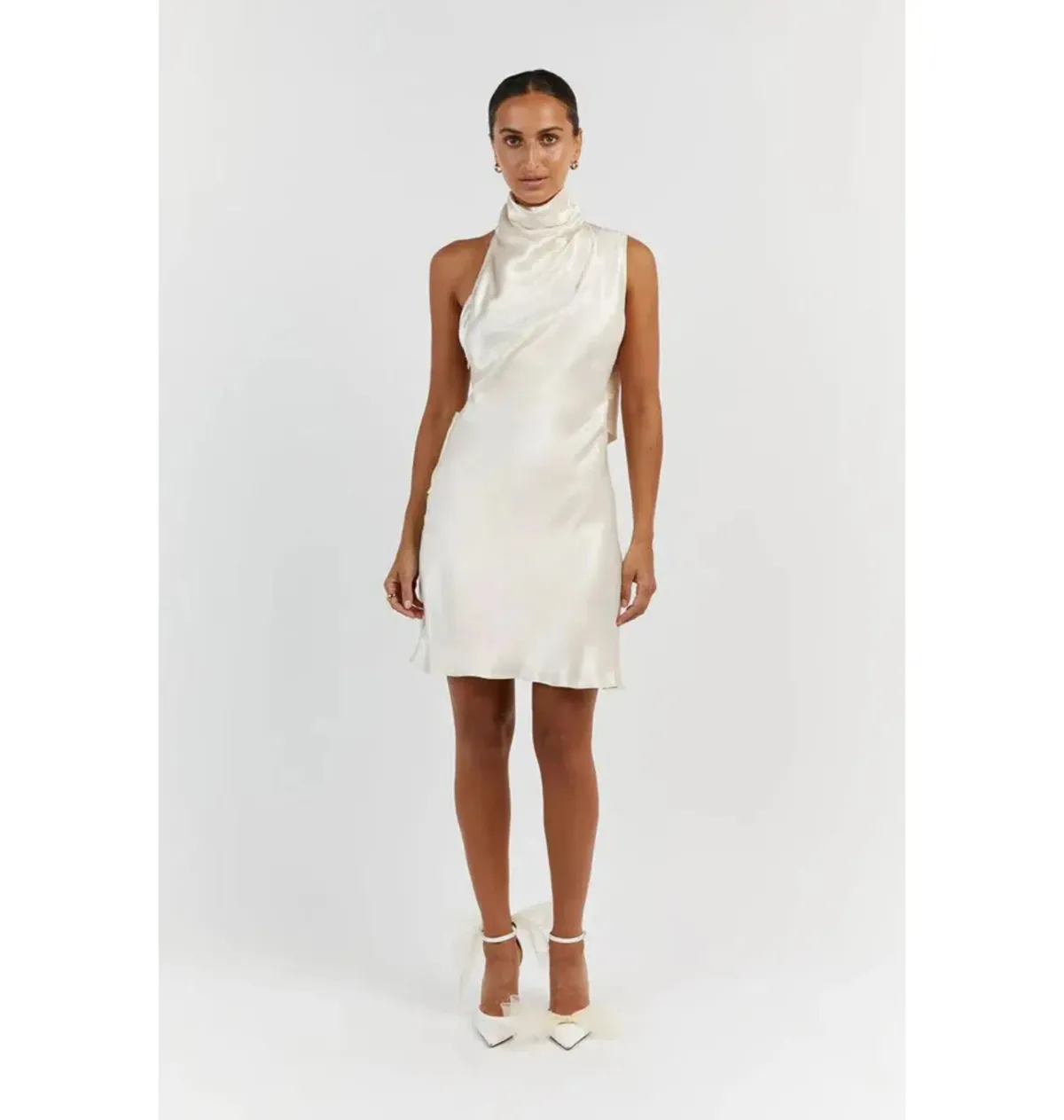 Dissh Aisle Pearl Satin Backless Mini Dress White Size AU 10  for rent on The Volte - main image