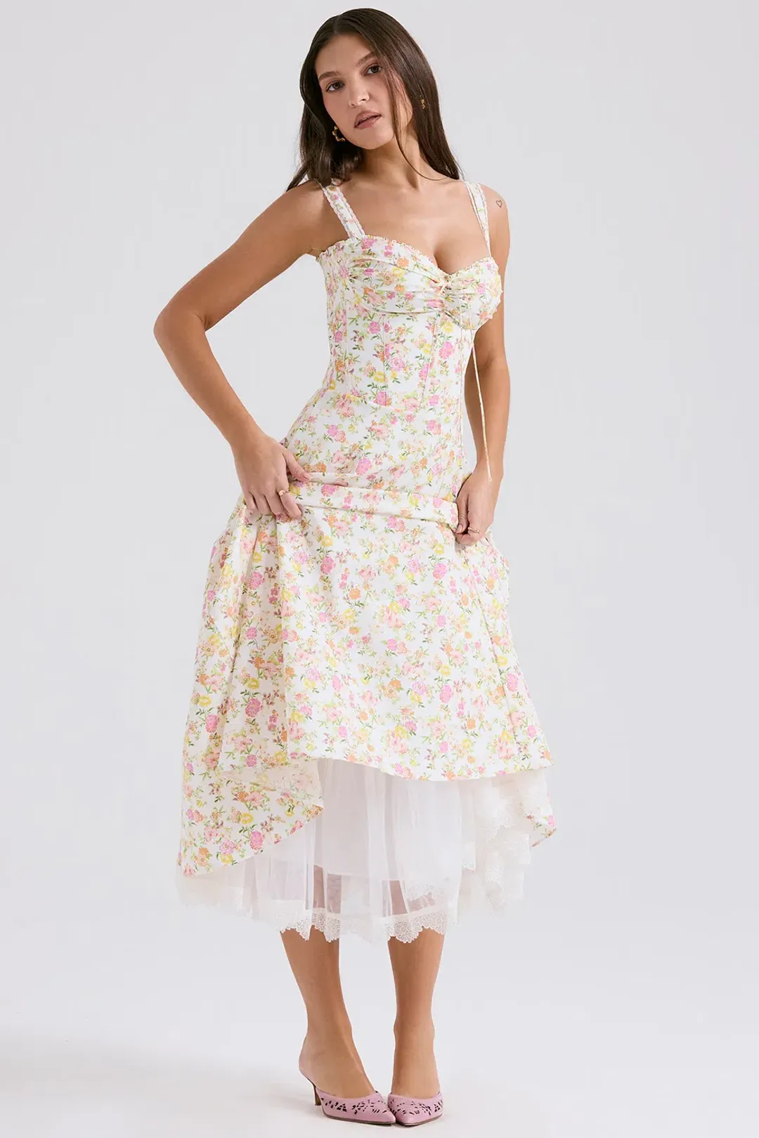 House Of CB Rosalee Dress Ivory Meadow Print Size 10  for rent on The Volte - main image