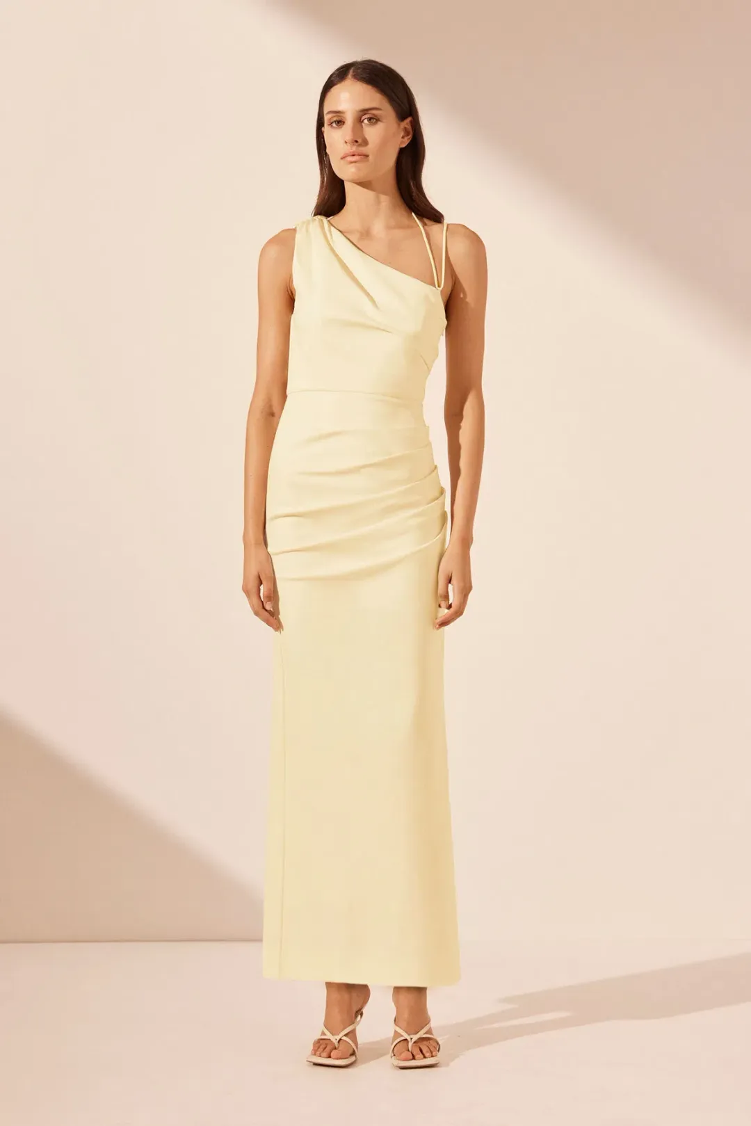Shona Joy Lani Asymmetrical Gathered Midi Dress in Vanilla Size AU 6 for rent on The Volte - main image